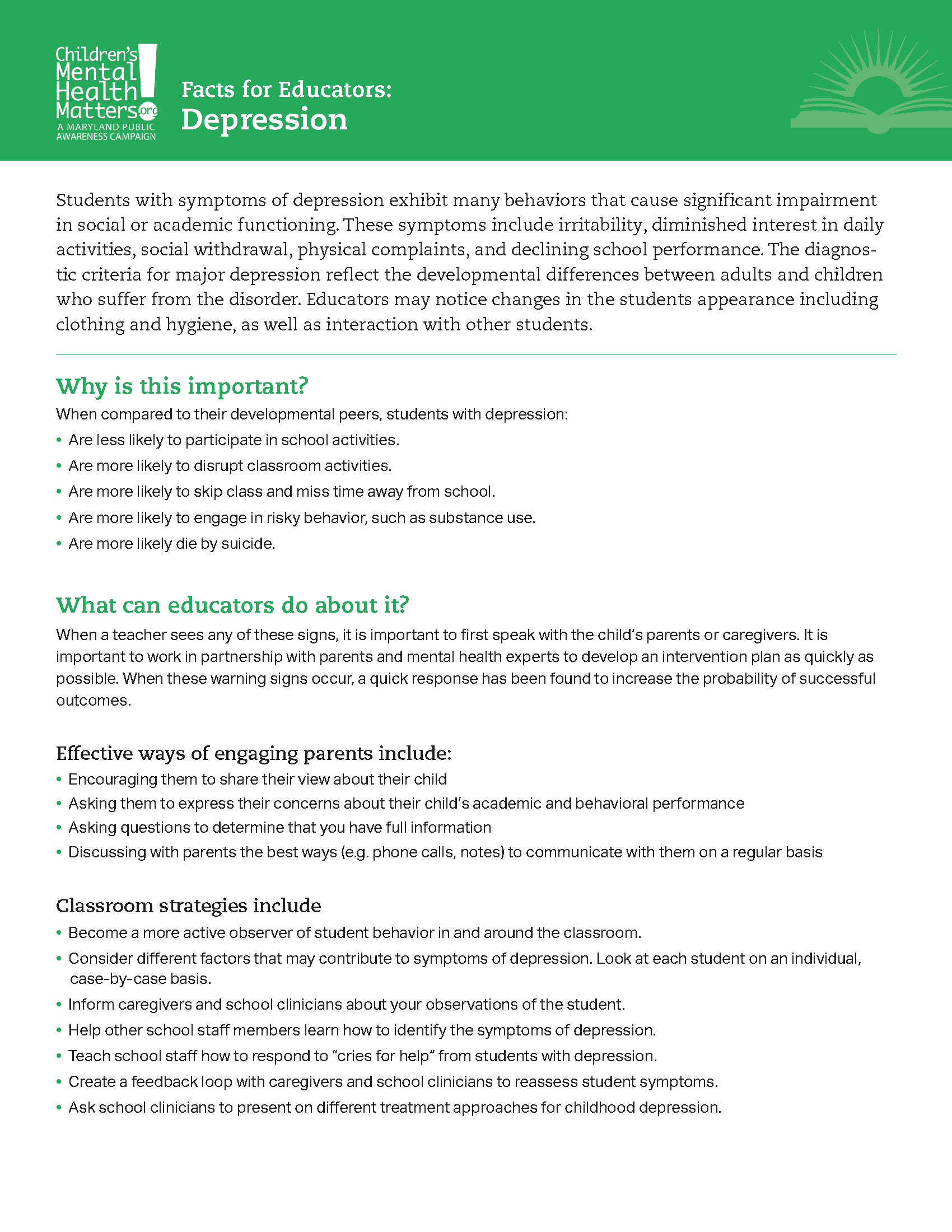 Depression: Facts for Educators - Children's Mental Health Matters